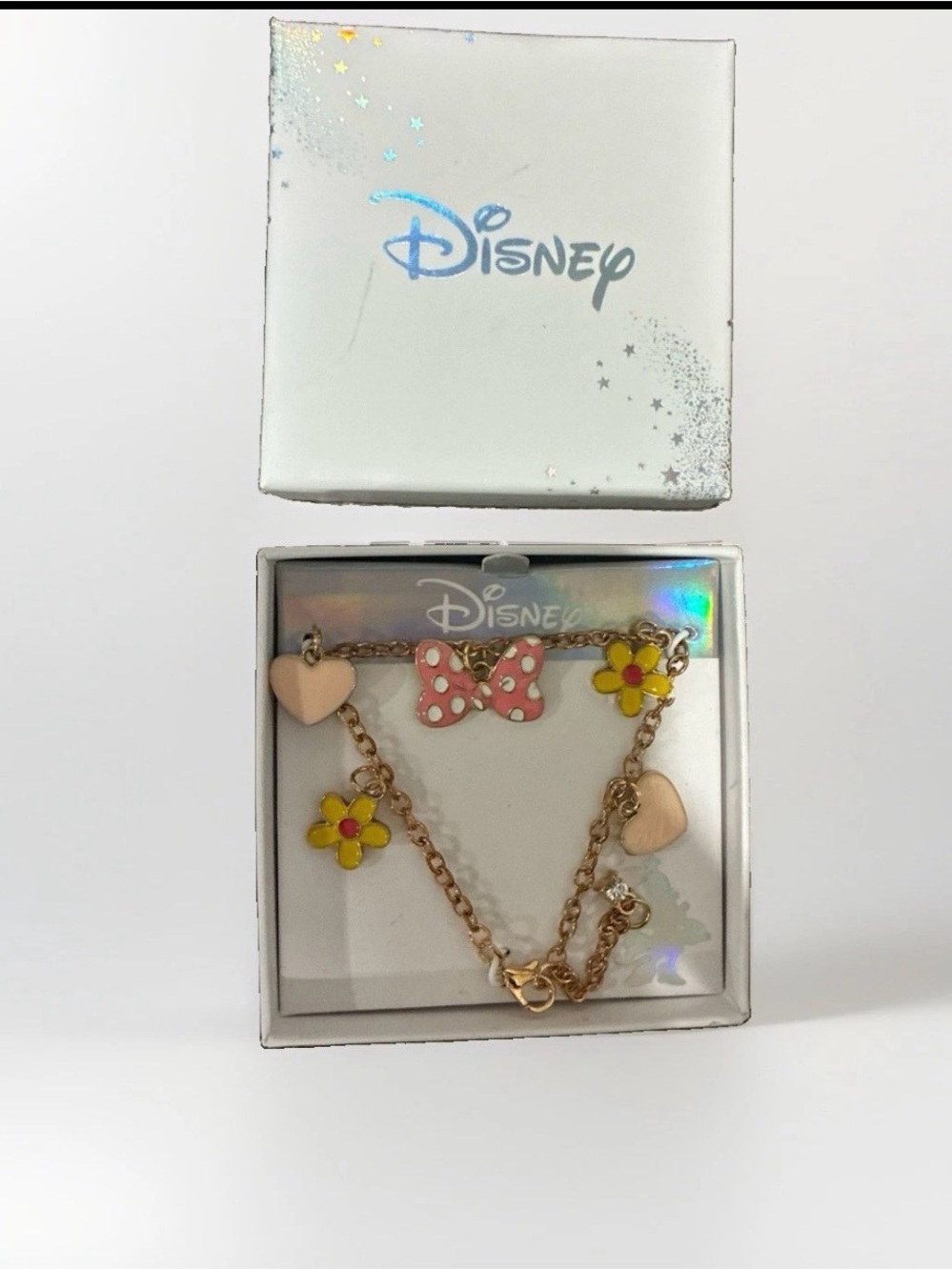 New Disney Minnie Mouse Charm Bracelet Jewelry Bow Pink Heart Birthday Gift Box